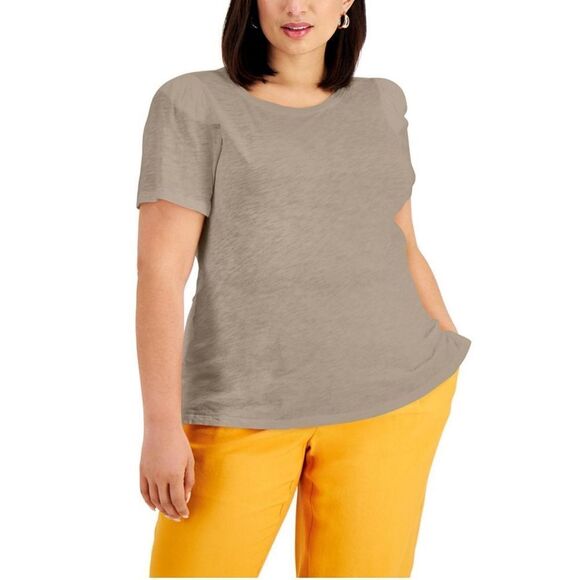 INC International Concepts Plus Size Cotton Puff-Sleeve Top Toasted Twine 2X - Picture 1 of 2